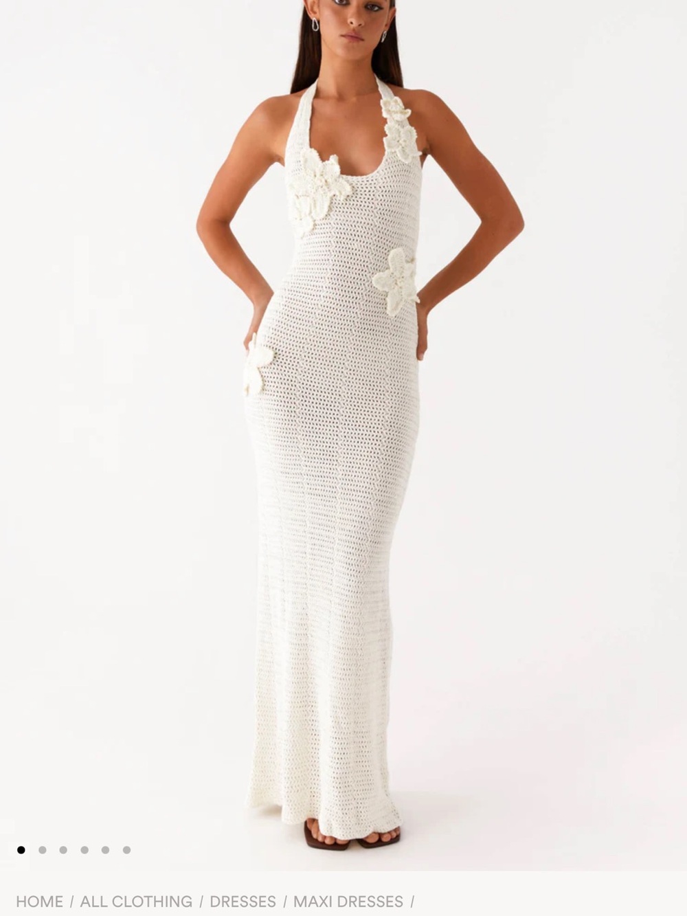Peppermayo White Crochet Halter Maxi Dress with Floral Appliqués